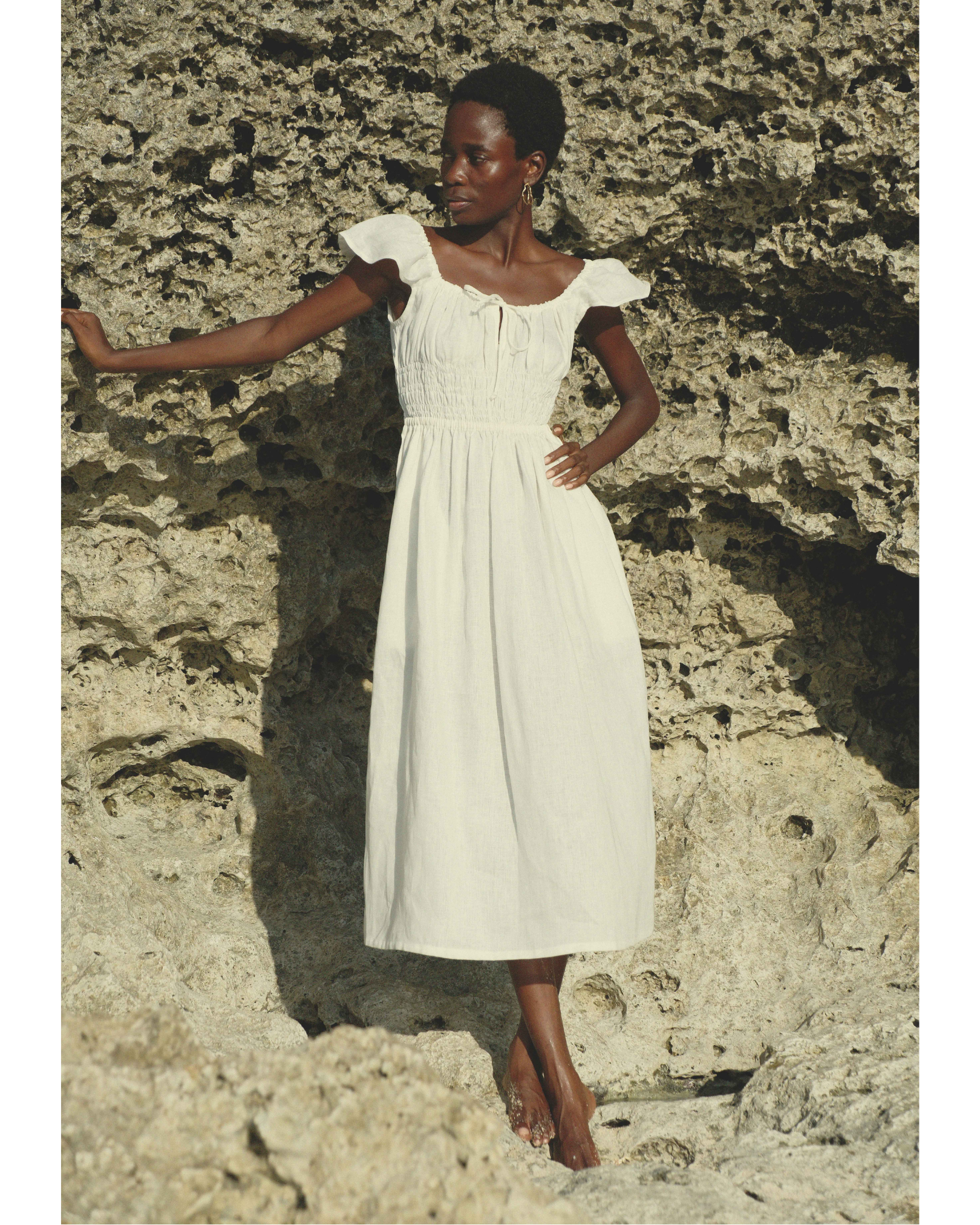 Flutter Sleeves Gathered Bust Dress in White Linen