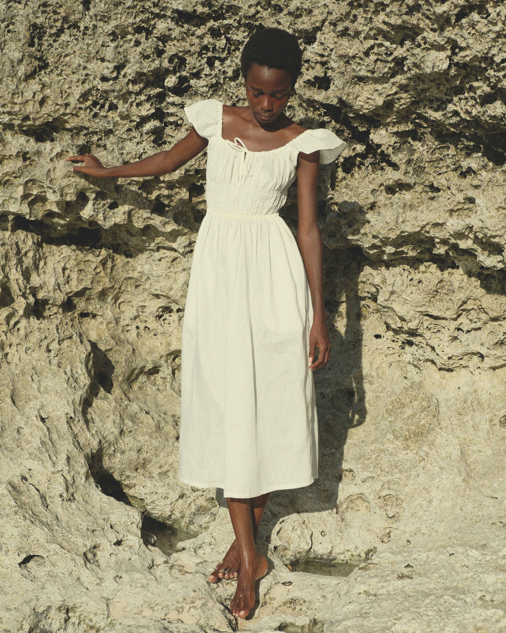 Flutter Sleeves Gathered Bust Dress in White Linen