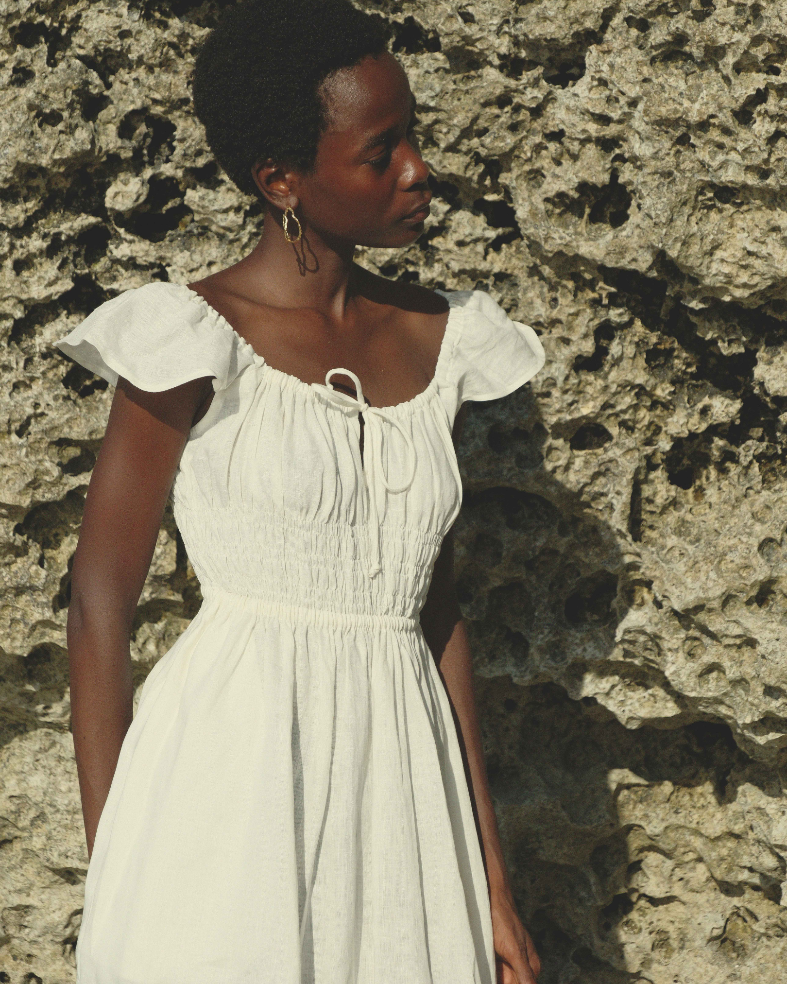 Flutter Sleeves Gathered Bust Dress in White Linen