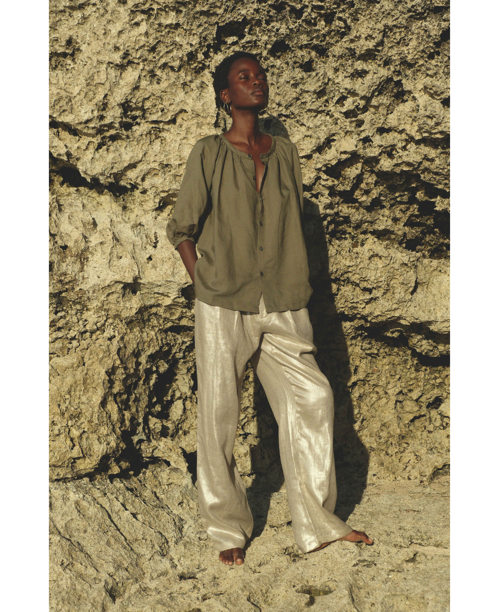 Button-Down Top in Army Green Linen