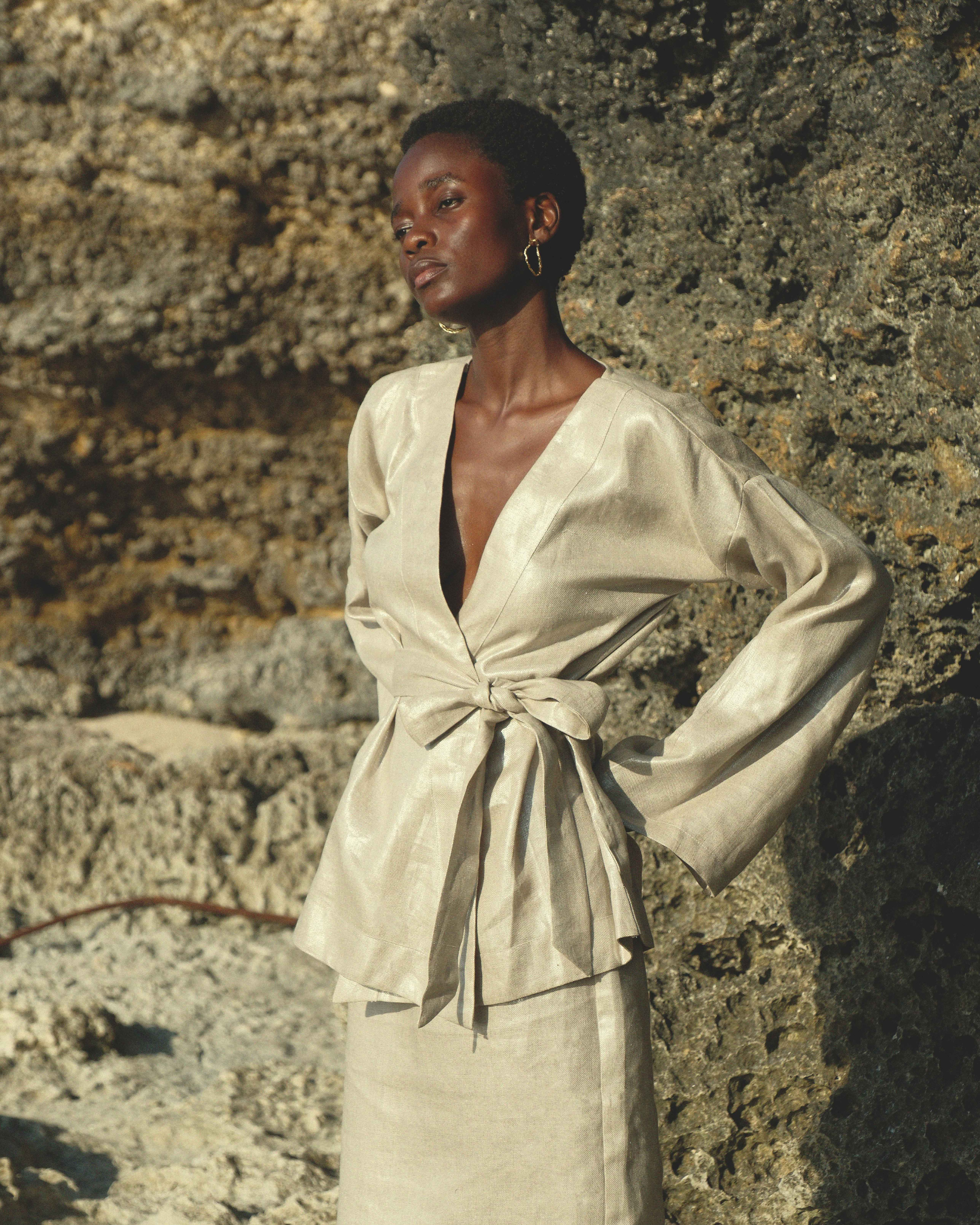 Kimono Long Sleeve Wrap Top in Champagne Shimmer Twill Linen