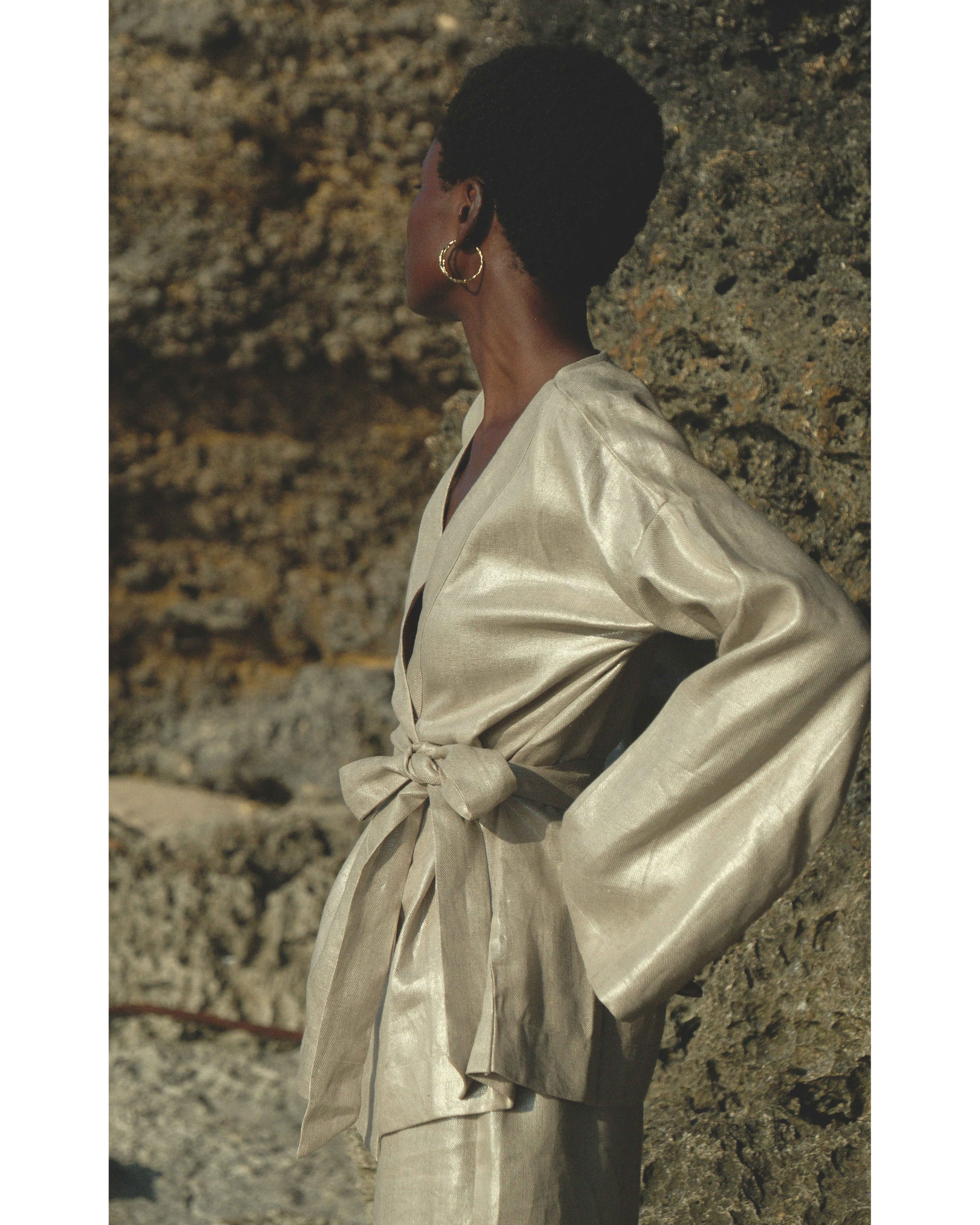 Kimono Long Sleeve Wrap Top in Champagne Shimmer Twill Linen
