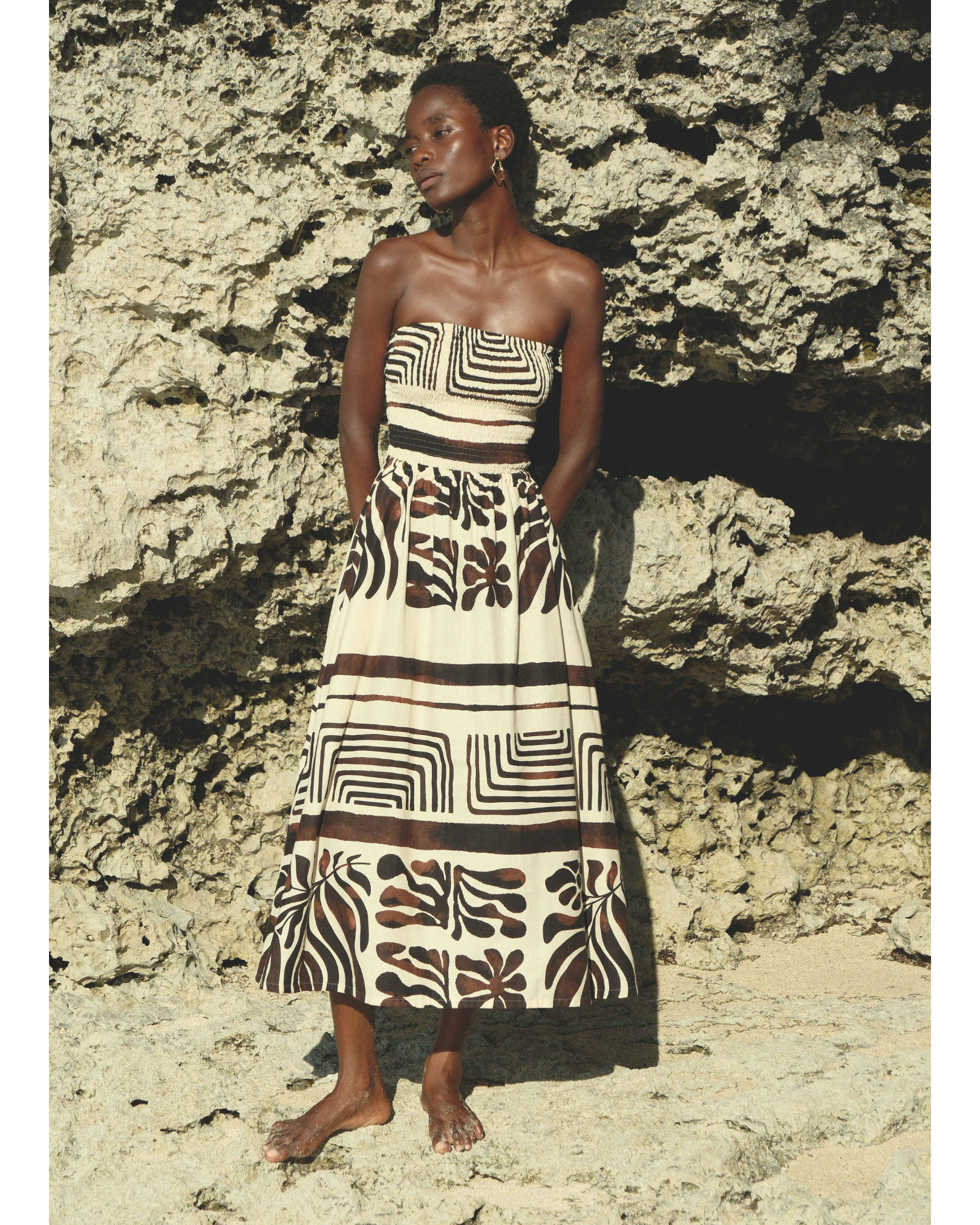 Shirred Tube Midi Dress in Brown & Cream Linen