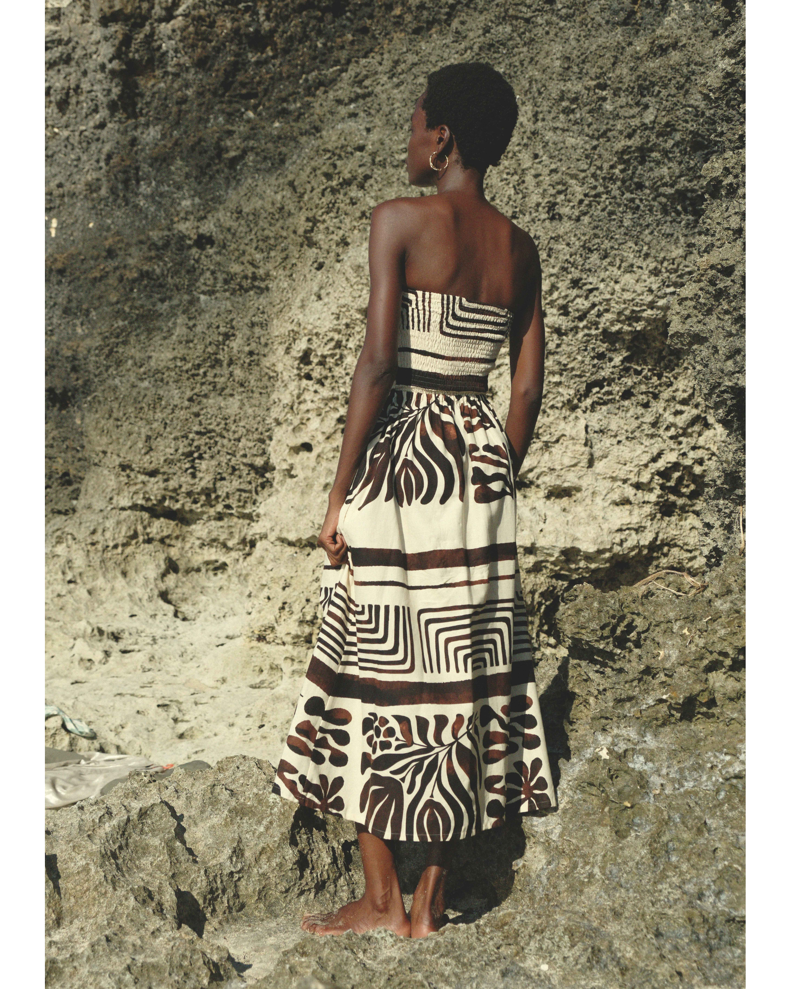 Shirred Tube Midi Dress in Brown & Cream Linen