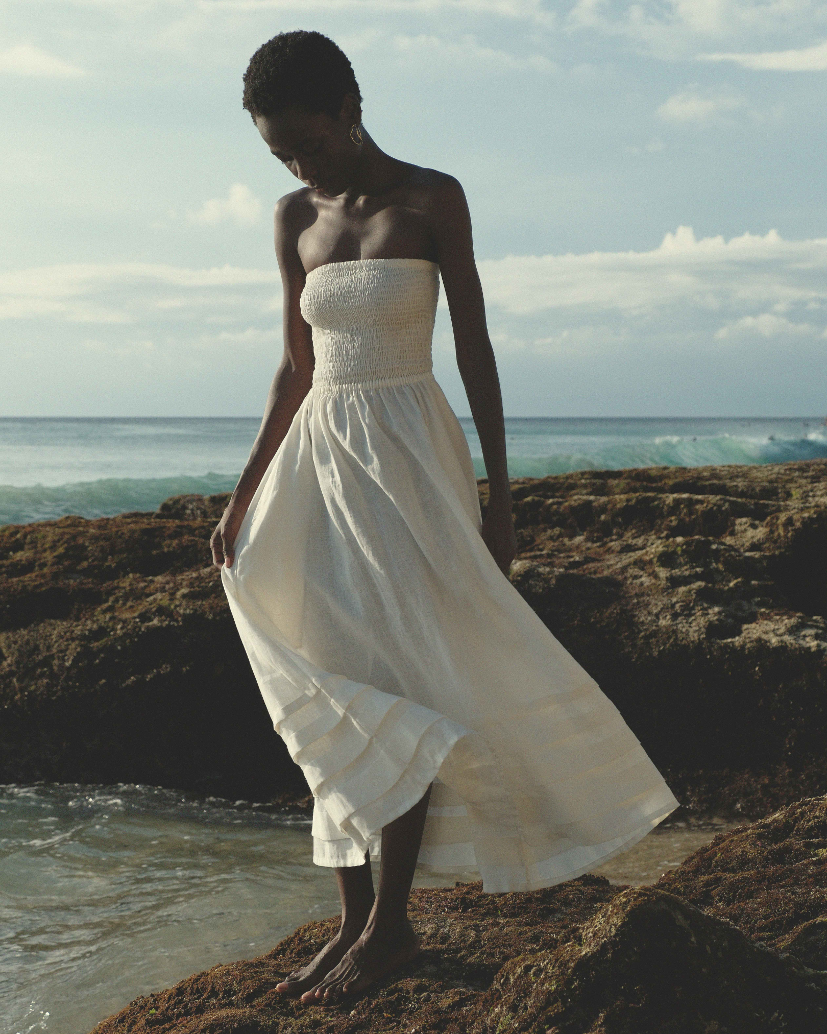 Shirred Tube Top Pleated Maxi Dress in White Linen