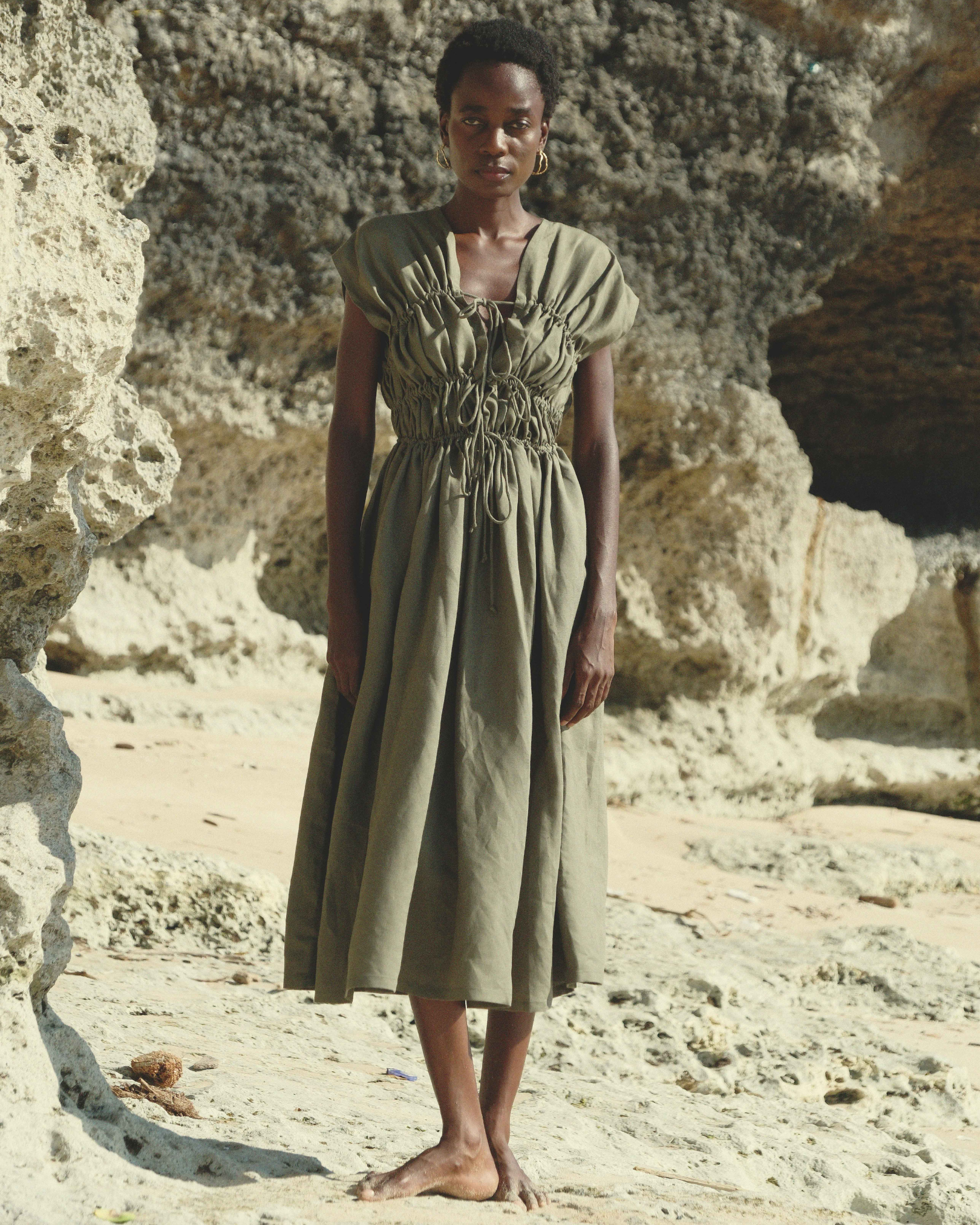 3-Tier Bias Cut Dress in Army Green Linen