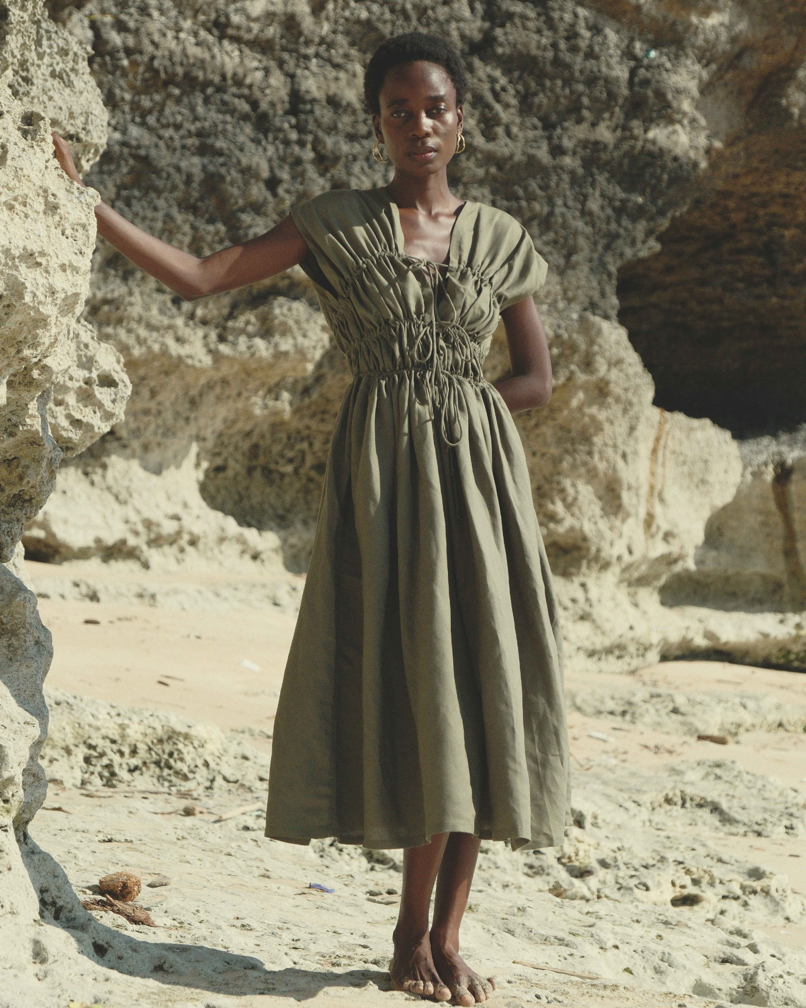 3-Tier Bias Cut Dress in Army Green Linen