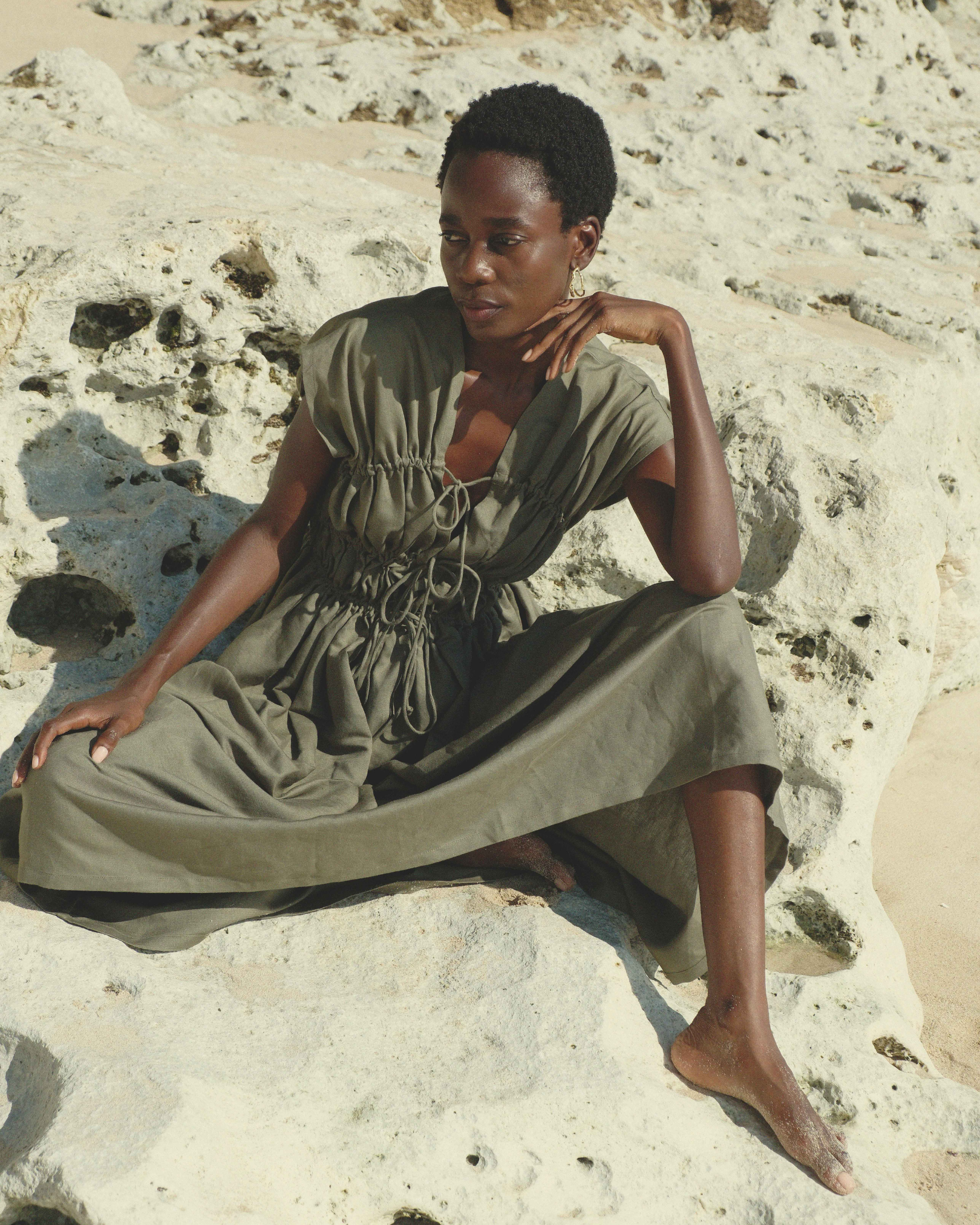 3-Tier Bias Cut Dress in Army Green Linen