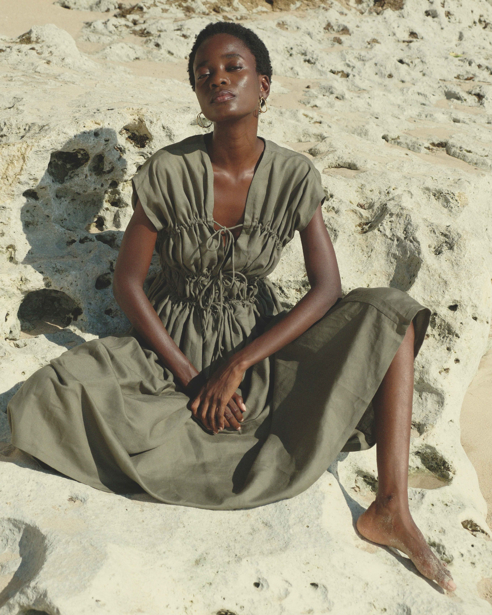 3-Tier Bias Cut Dress in Army Green Linen