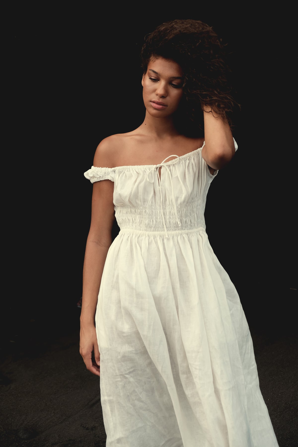 Gathered Bust Dress in Winter White Linen
