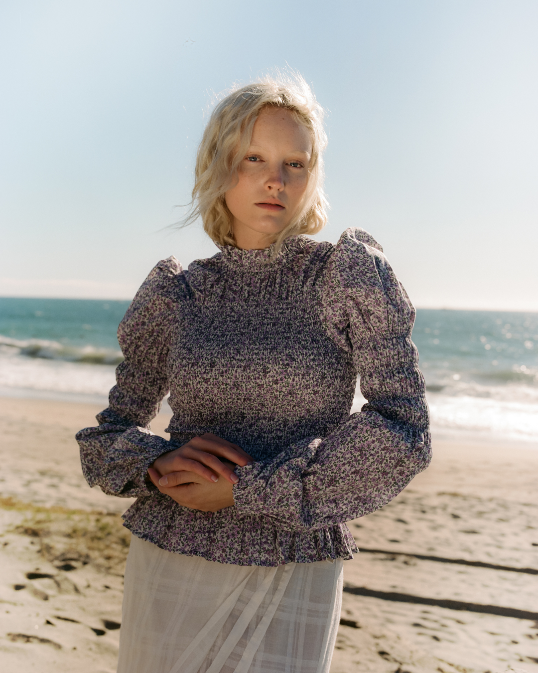 Rohnea Linen Shirring Turtleneck in Purple Floral Cotton