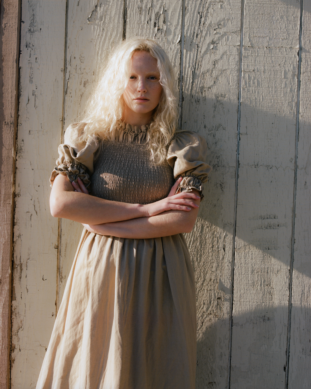 Shirred Pleated Turtleneck Maxi Dress in Camel